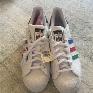 adidas White Leather Sneakers with Red, Green & Blue Accents Superstar